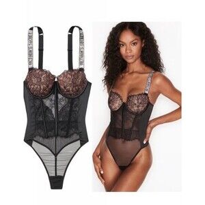 Victoria's Secret Size M S TEDDY one-piece Bodysuit BLACK lace SHINE STRAP